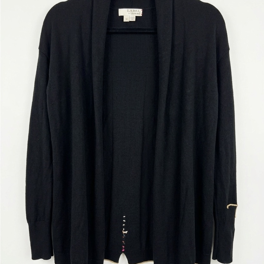 Black Open-Front Shawl Cardigan with gold trim on bottom